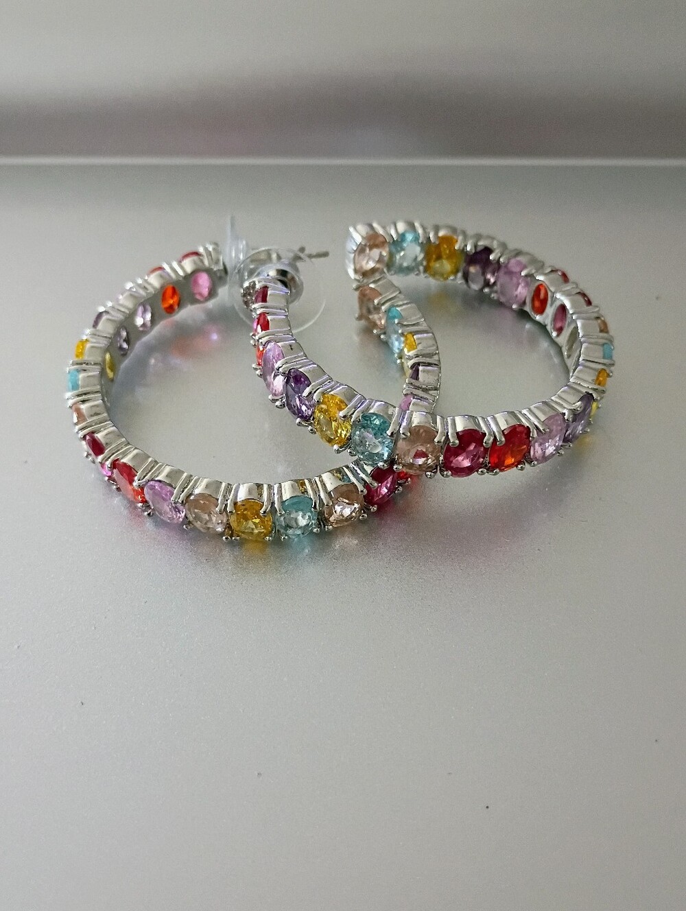 New Multi-Color CZ Stones Hoop Earrings - Silver Tone